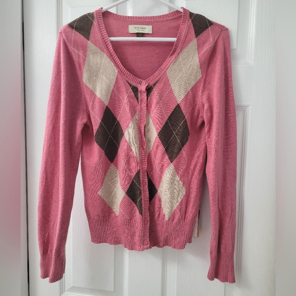 Classic Argyle Cardigan, Small, Pink/Tan/Brown